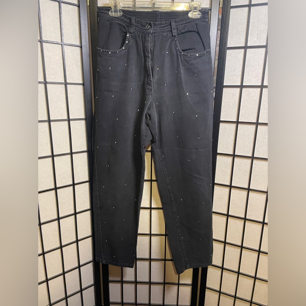 Vintage Black Distressed Stretch Rhinestone Bedazzled Studded Diamond Mom Jeans